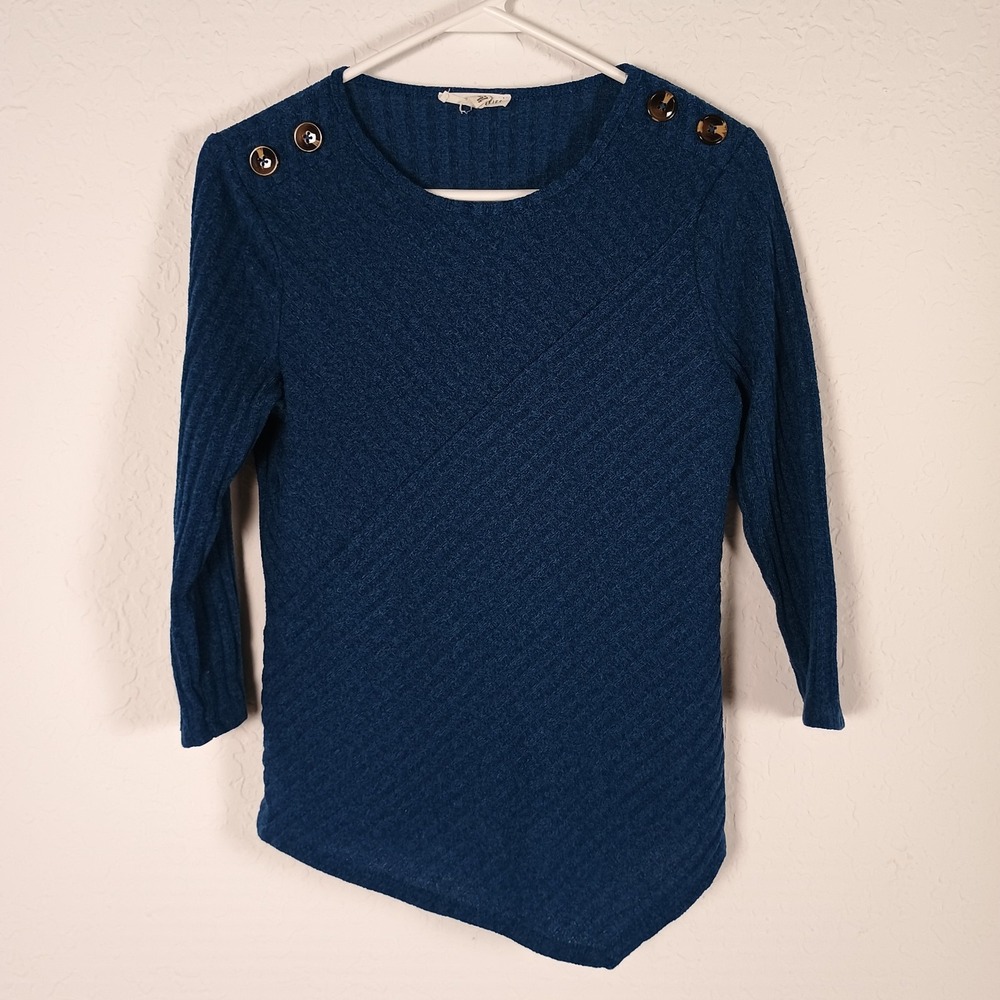 Parallel Skies Teal Blue Quilted Texture 3/4 Sleeve Sweater Asymmetrical Hem S‎